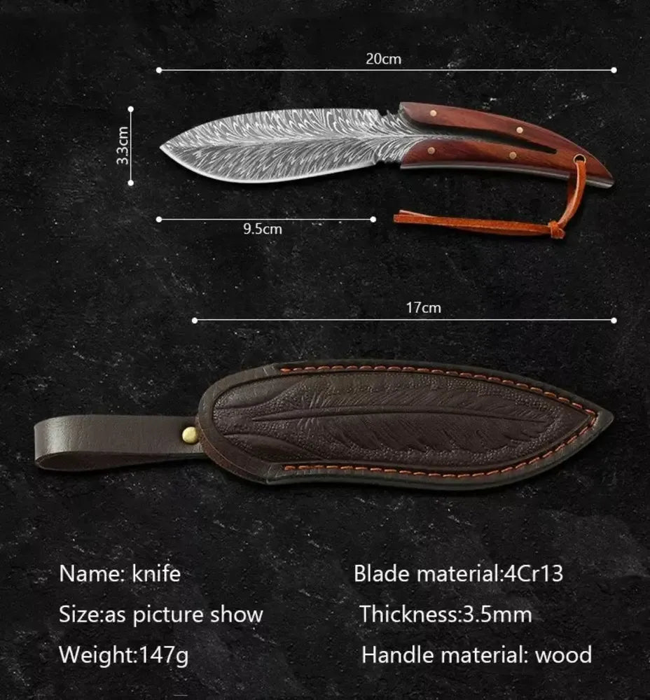 Cuchillo Táctico De Acero Para Caza + Funda De Cuero