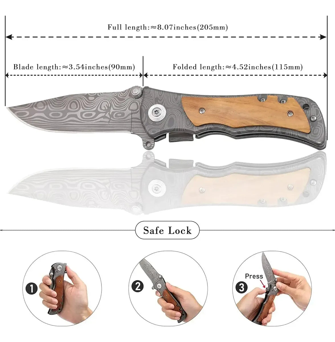 Cuchillo Plegable Táctico Acero Grabado De Mango Madera