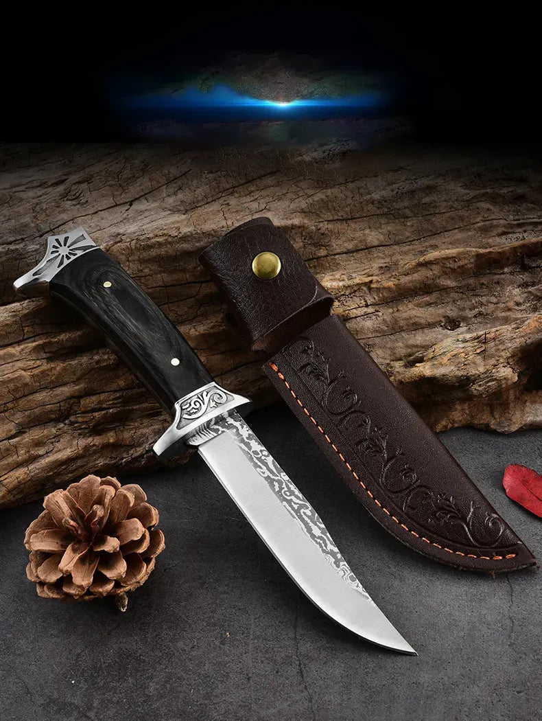 Cuchillo Bowie Acero Inoxidable Con Grabado + Funda De Cuero