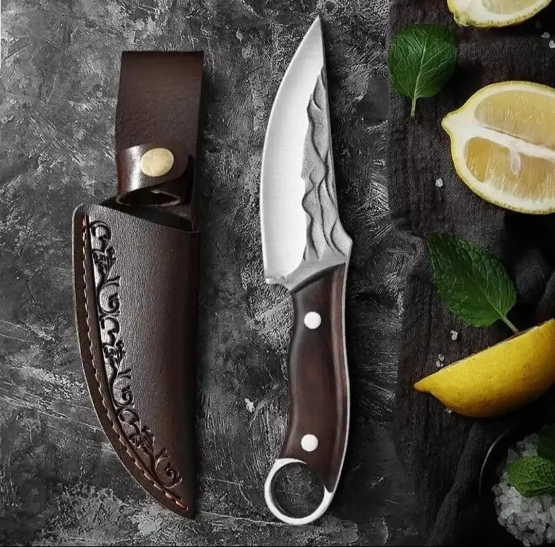 Cuchillo Autodefensa Para Cazador Y Funda De Cuero Tallada