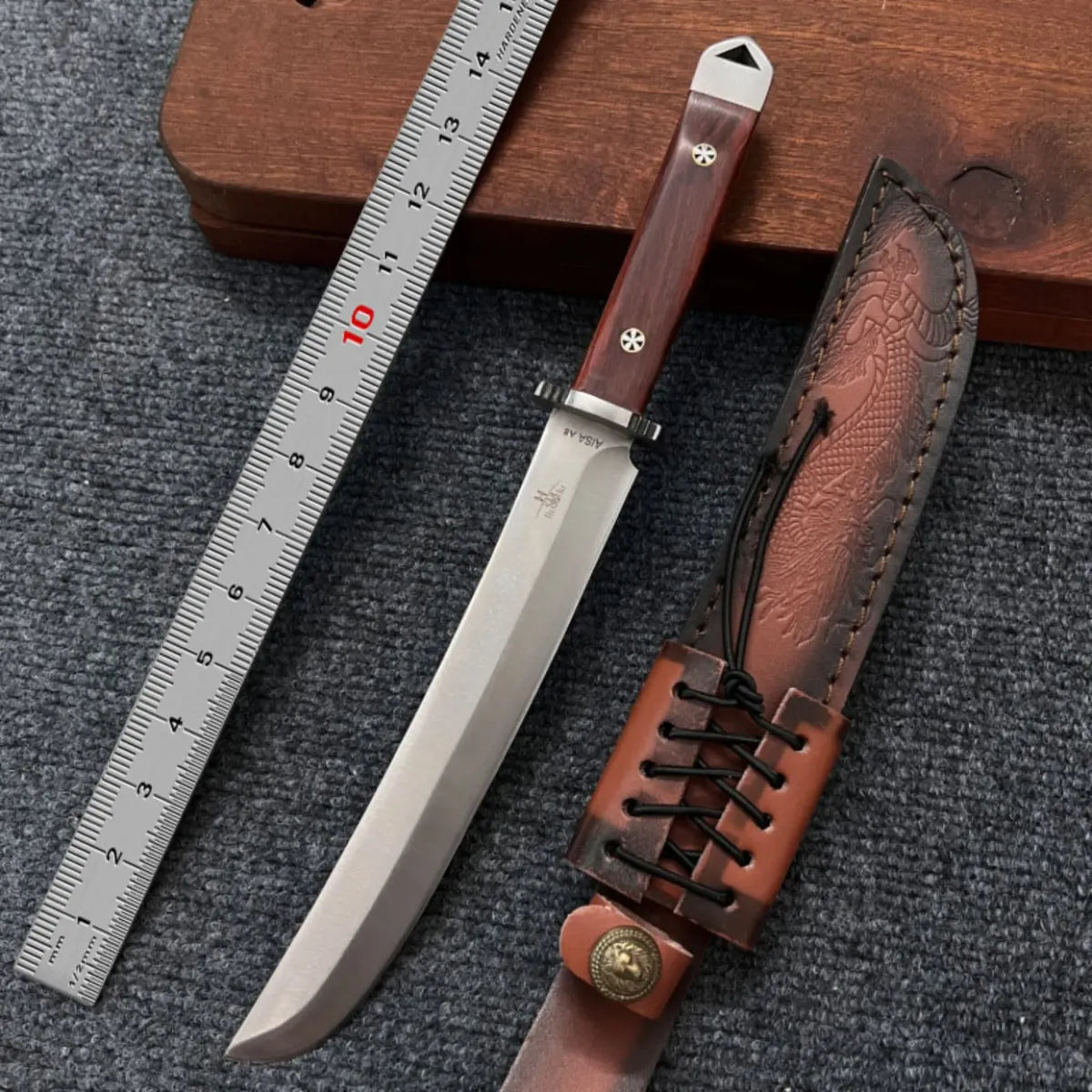 Cuchillo Acero Templado Hoja Japonés+ Funda De Cuero Premium