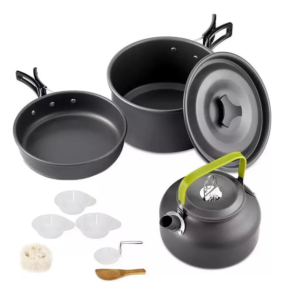 Kit Camping Cocinilla Plegable + Set Ollas 3-4 Personas