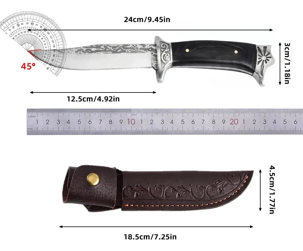 Cuchillo Bowie Acero Inoxidable Con Grabado + Funda De Cuero