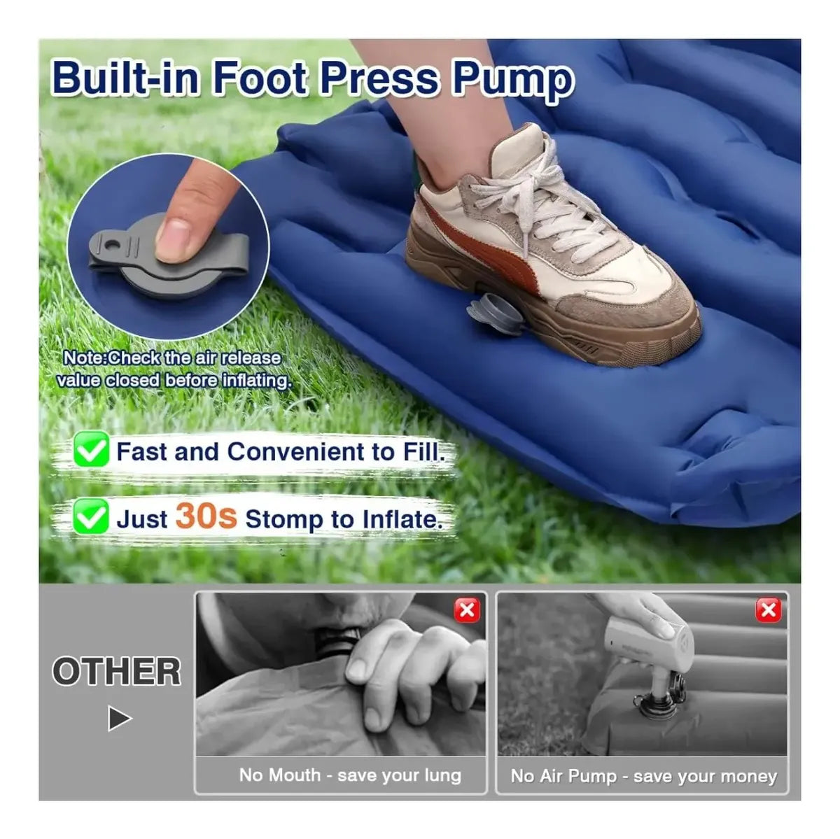 Colchoneta Inflable Plegable Con Bomba De Pie Incorporada