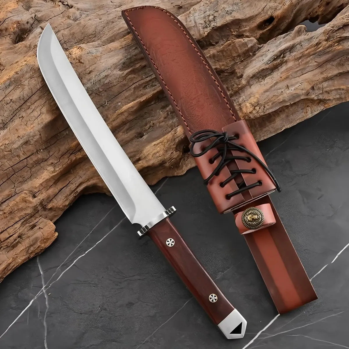 Cuchillo Acero Templado Hoja Japonés+ Funda De Cuero Premium