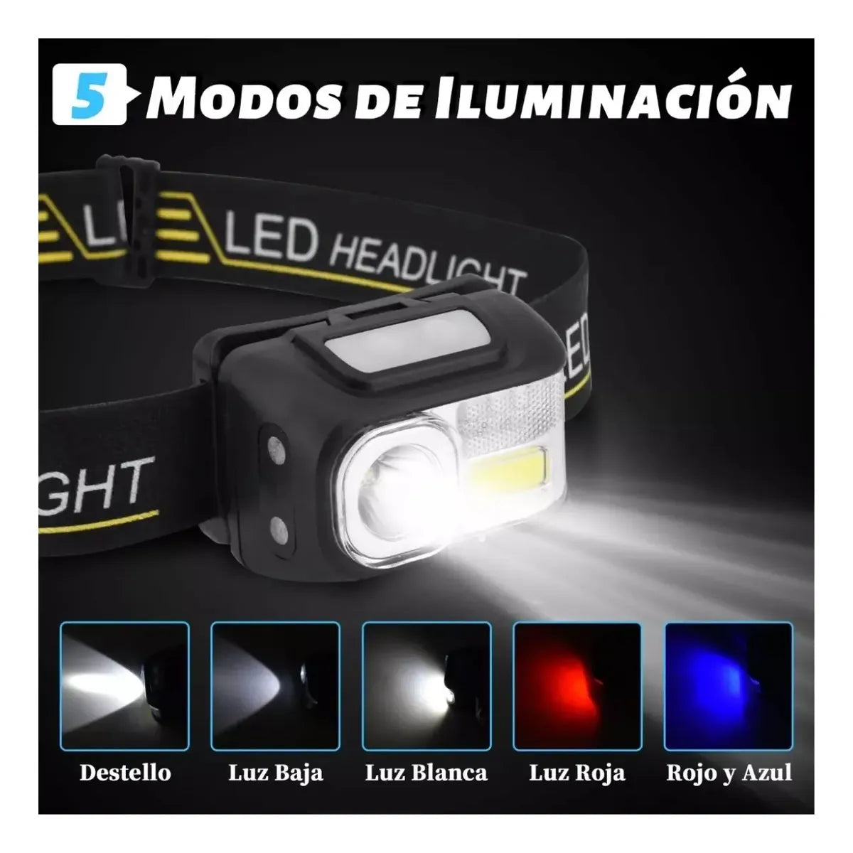 Linterna Cabeza Frontal Led Brillante Luz Camping Lampara