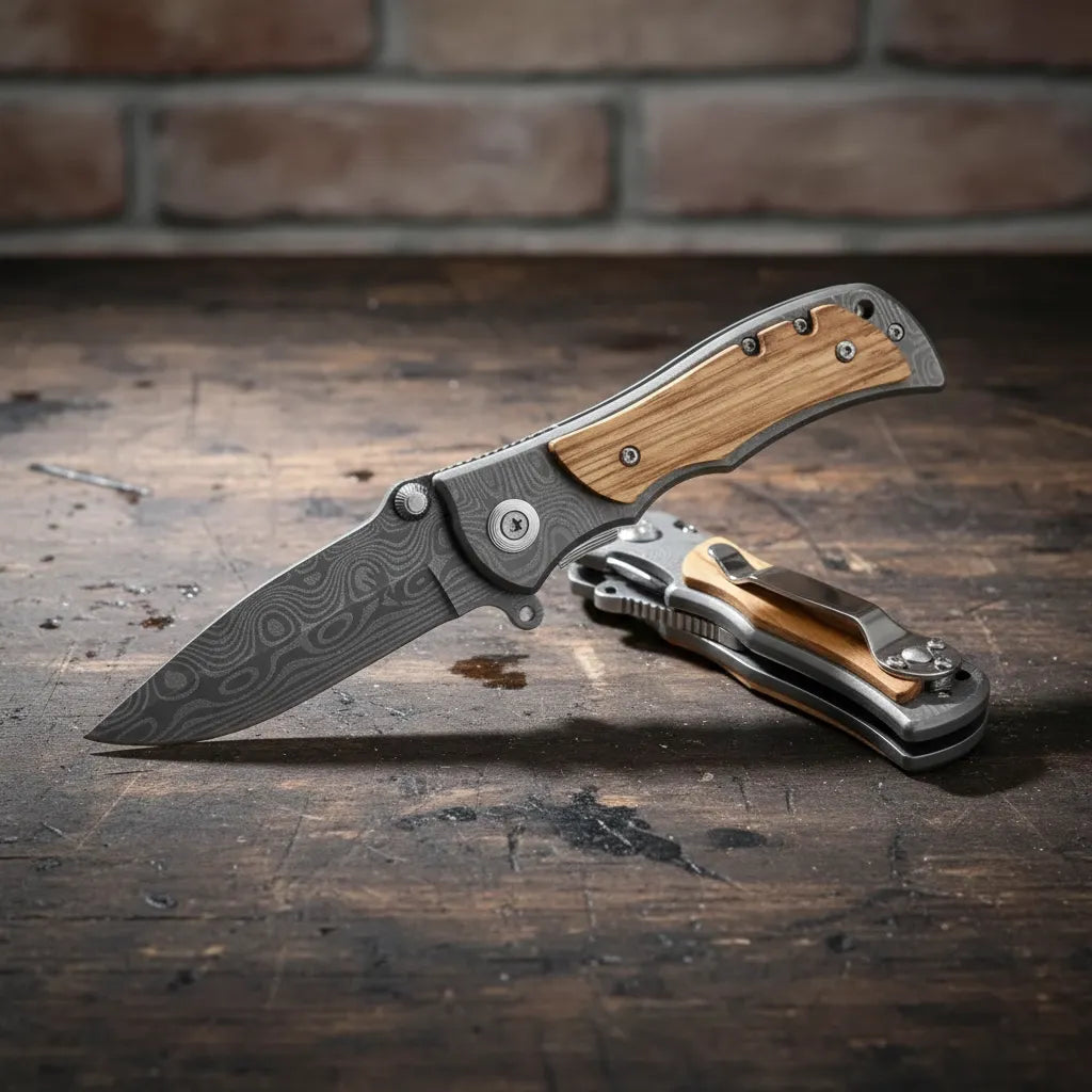 Cuchillo Plegable Táctico Acero Grabado De Mango Madera