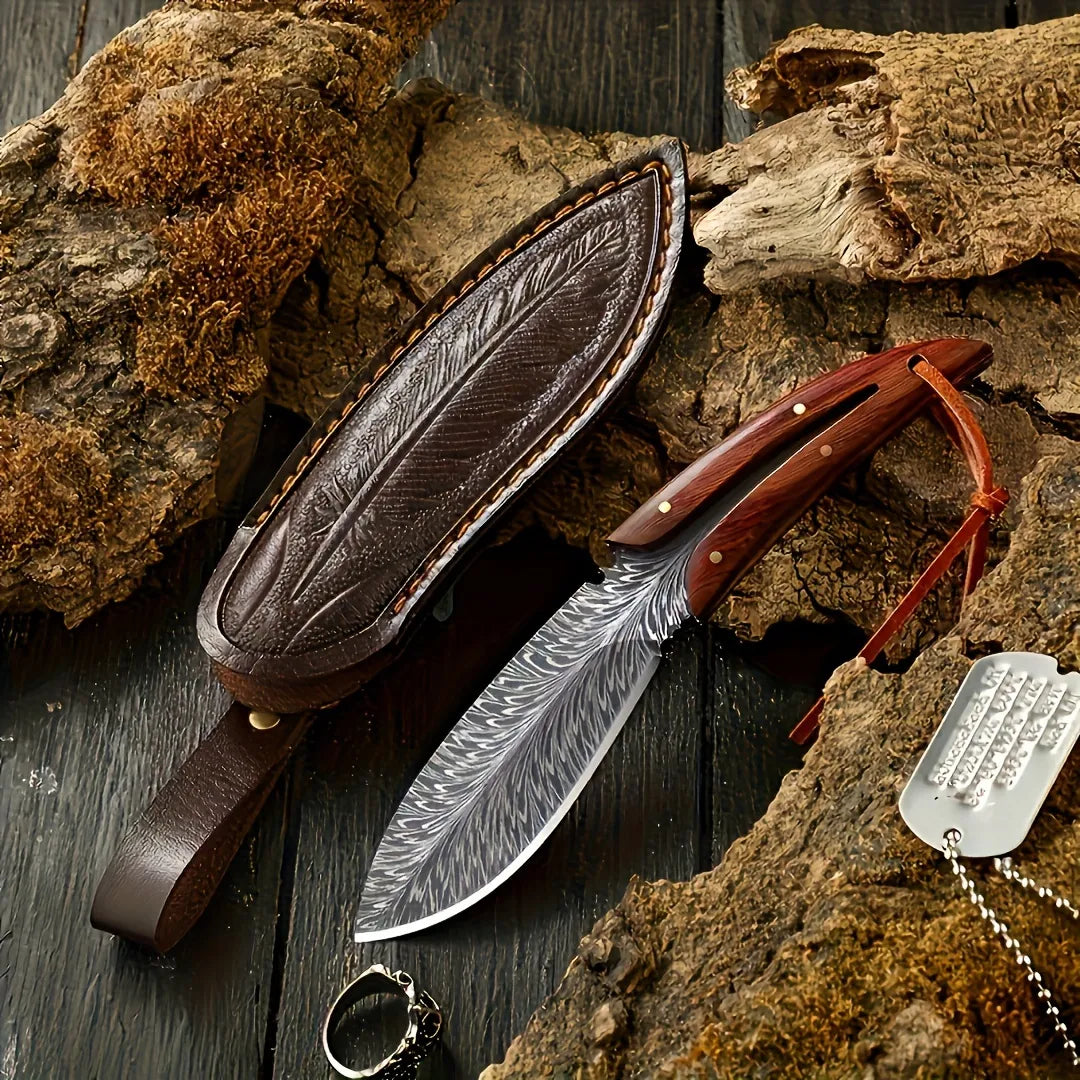 Cuchillo Táctico De Acero Para Caza + Funda De Cuero