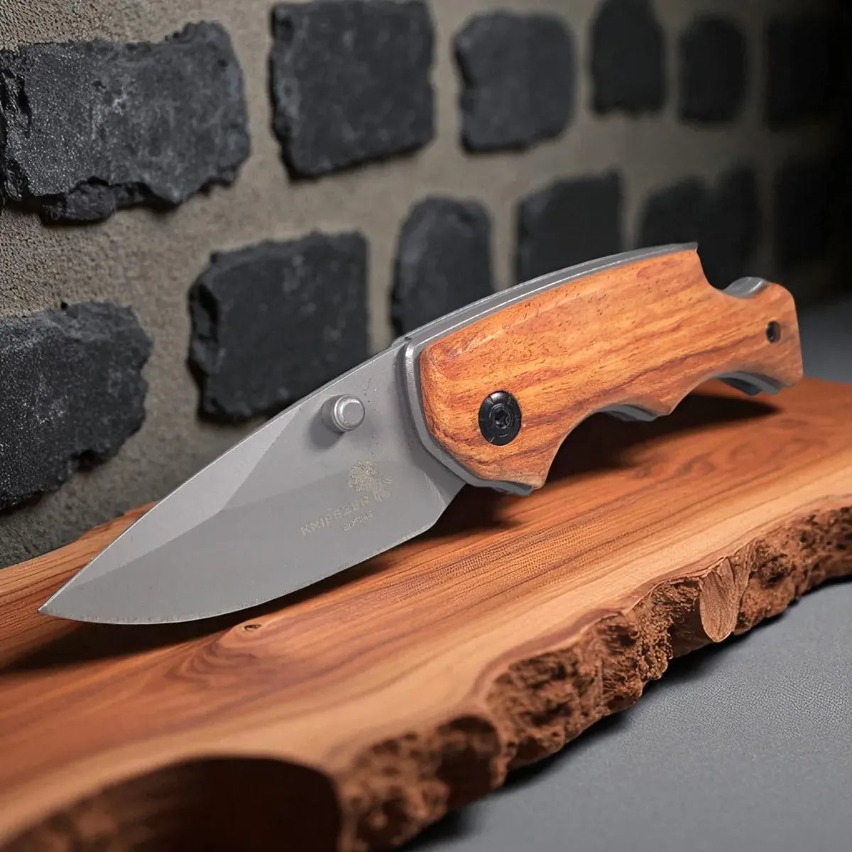 Cuchillo Corto Plegable Outdoor Mango Madera Supervivencia