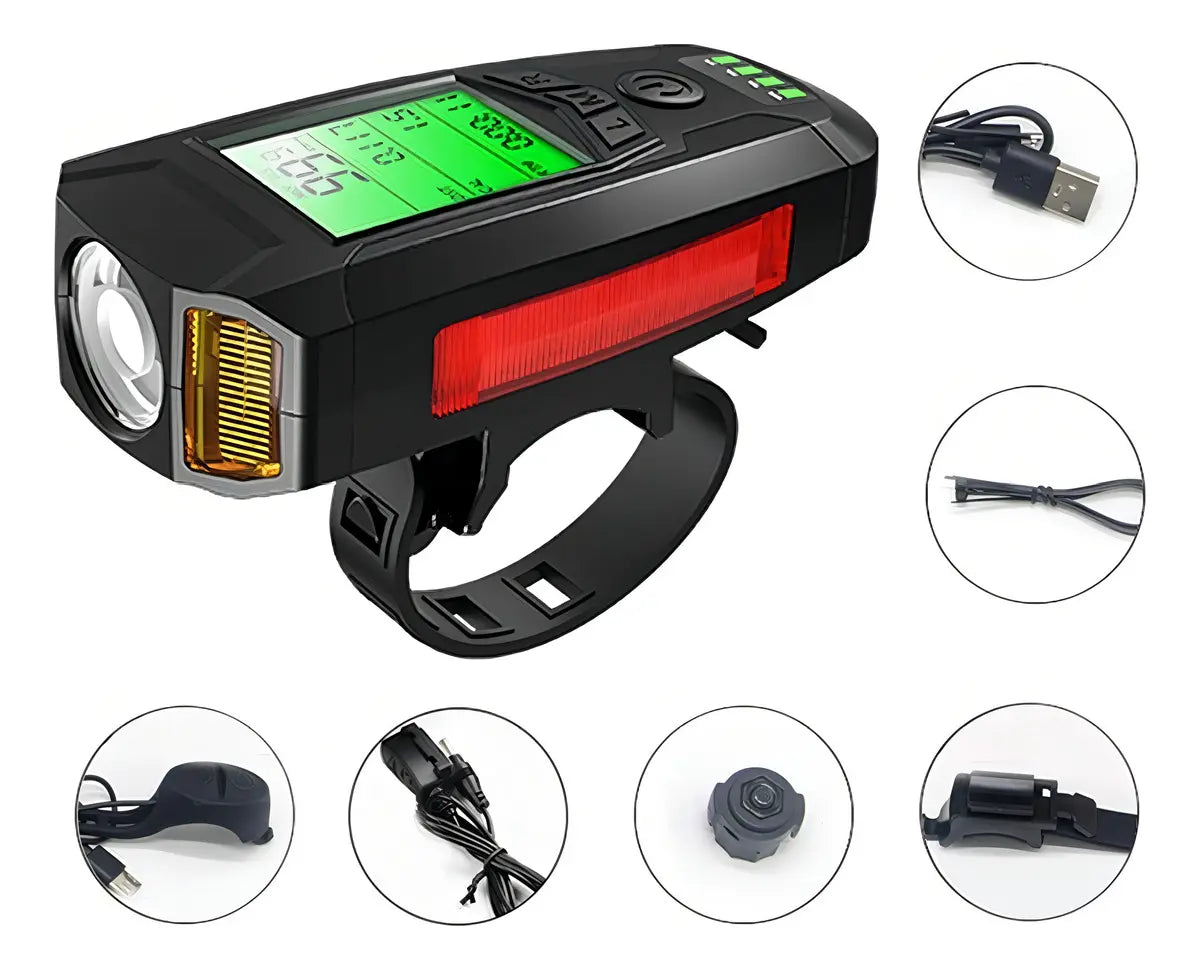 Luz Con Velocímetro Y Bocina Recargable Scooter Bici Bike Color Negro