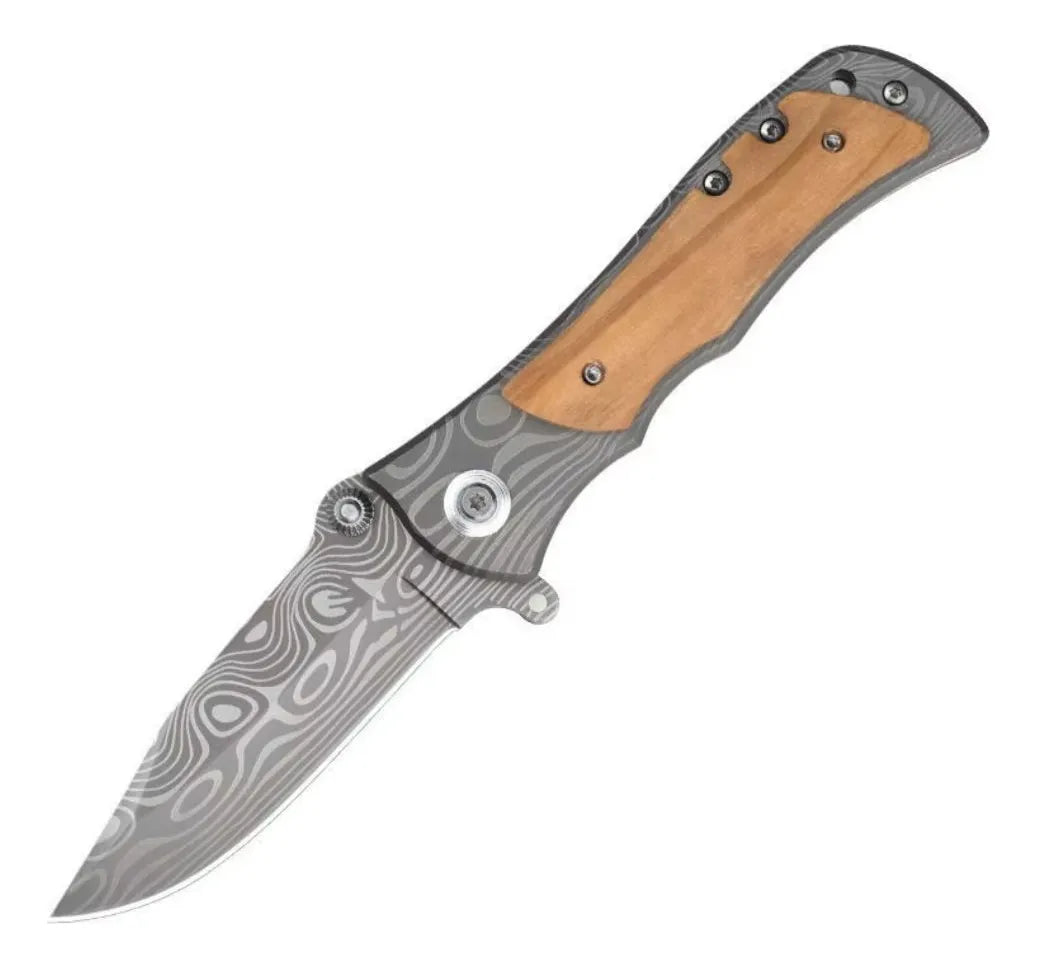 Cuchillo Plegable Táctico Acero Grabado De Mango Madera