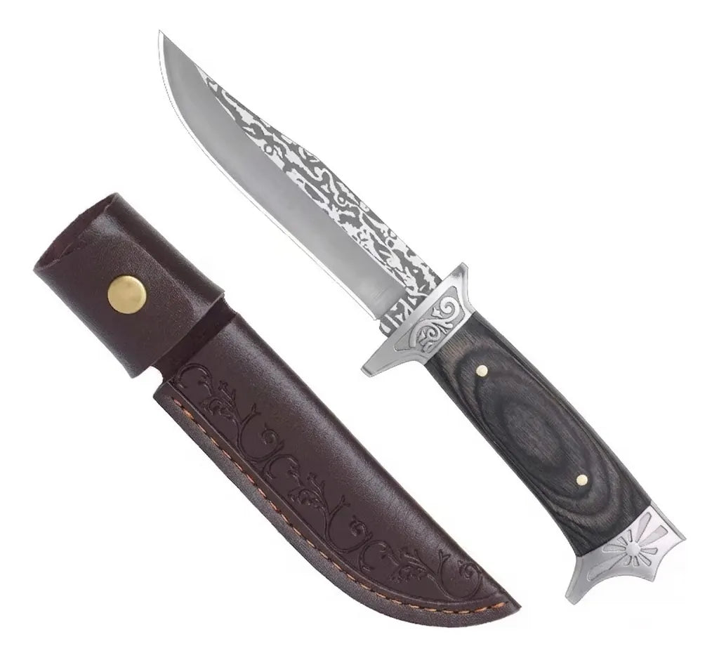 Cuchillo Bowie Acero Inoxidable Con Grabado + Funda De Cuero