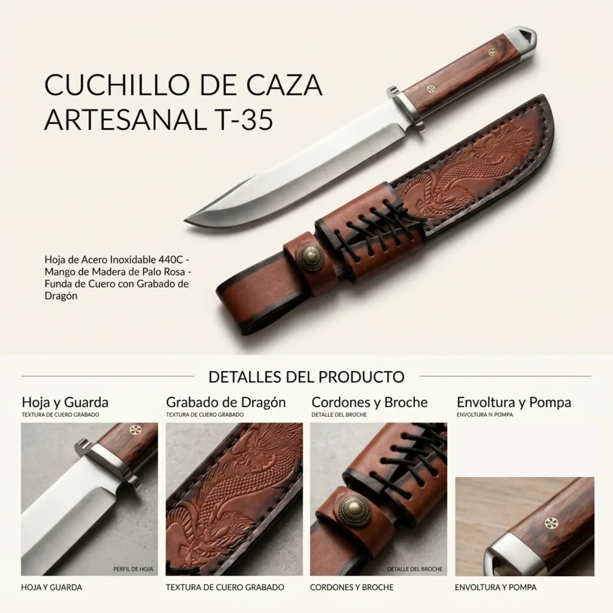 Cuchillo Acero Templado Hoja Japonés+ Funda De Cuero Premium