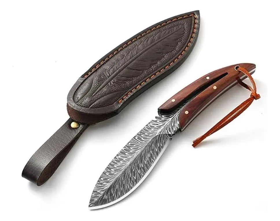 Cuchillo Táctico De Acero Para Caza + Funda De Cuero