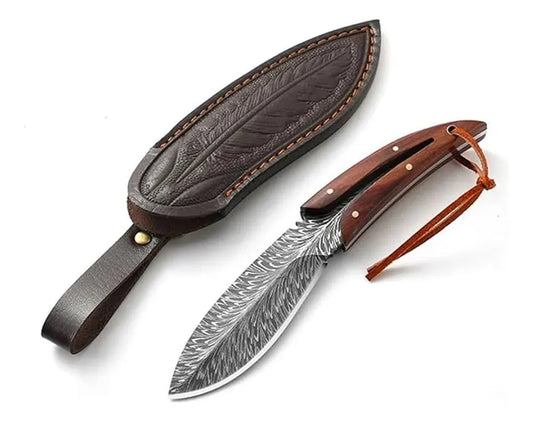Cuchillo Táctico De Acero Para Caza + Funda De Cuero