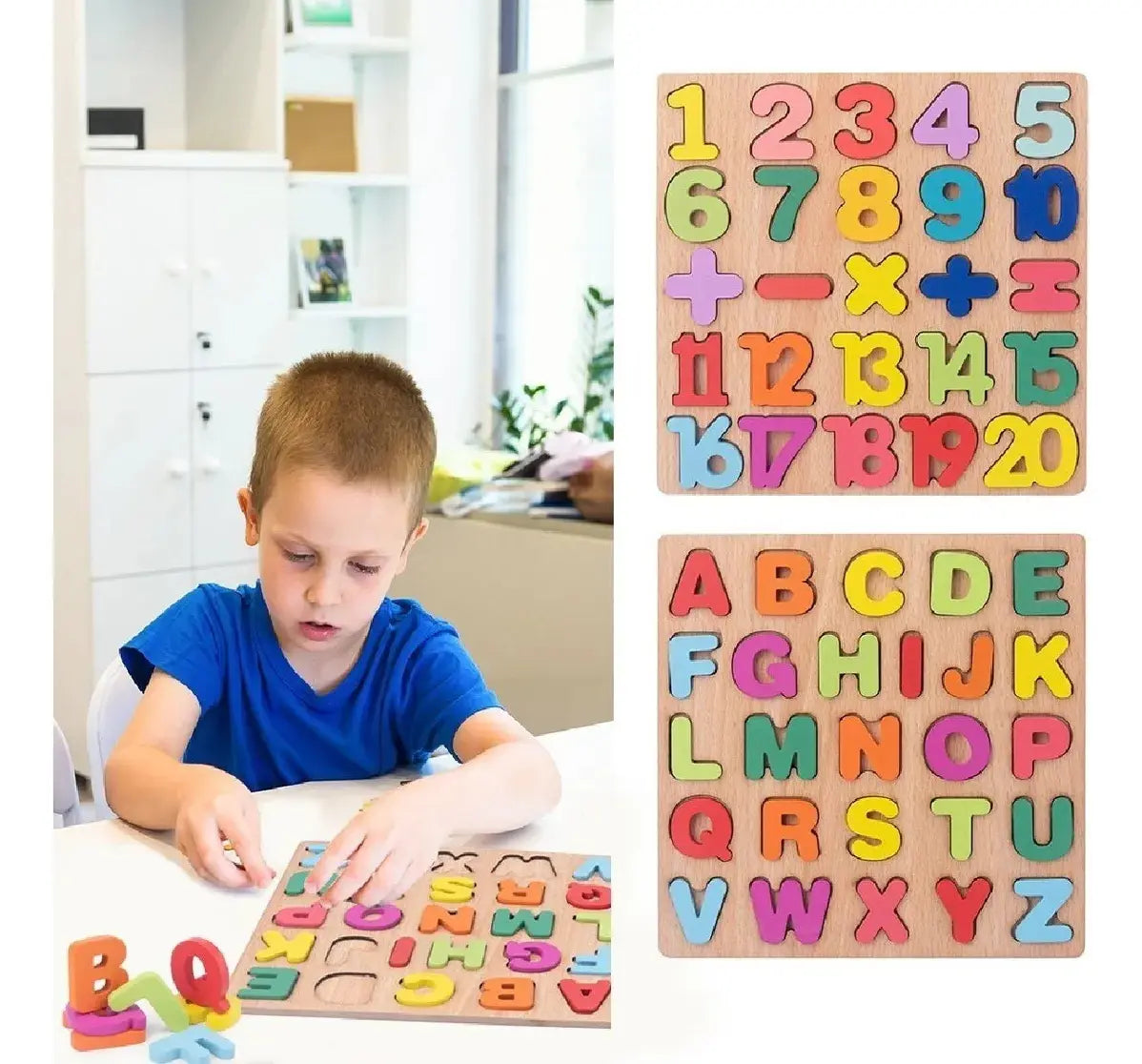 Set Tabla Encaje Didáctico Madera Letras + Numeros