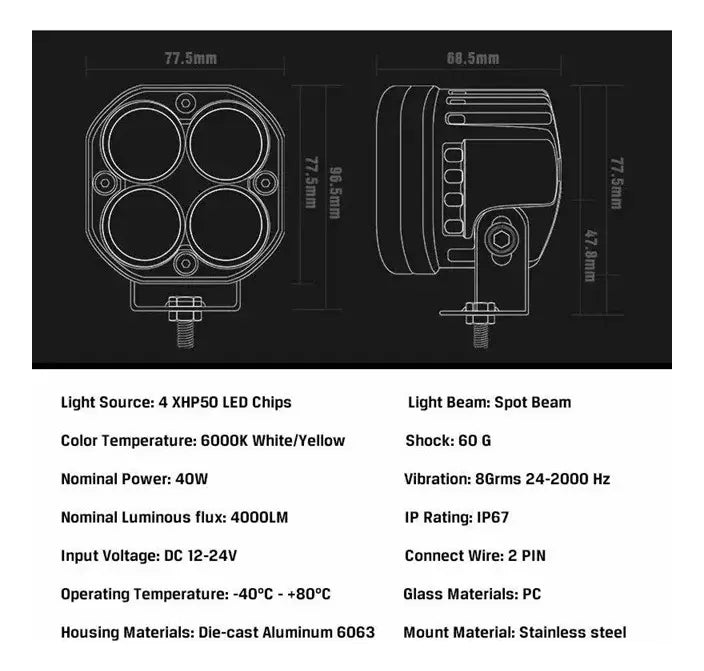 Par Faros 4 Led 40w Cuadrado Blanco O Amarillo / Estrobo