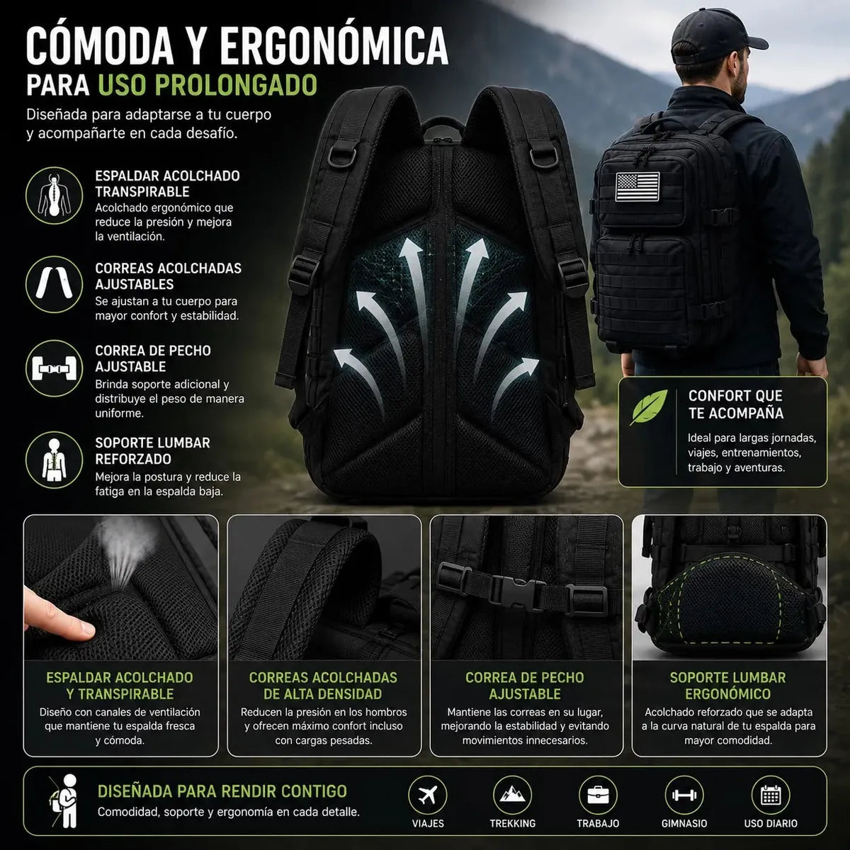 Mochila Tactica Impermeable 50L Militar Multiusos Camping Notebook