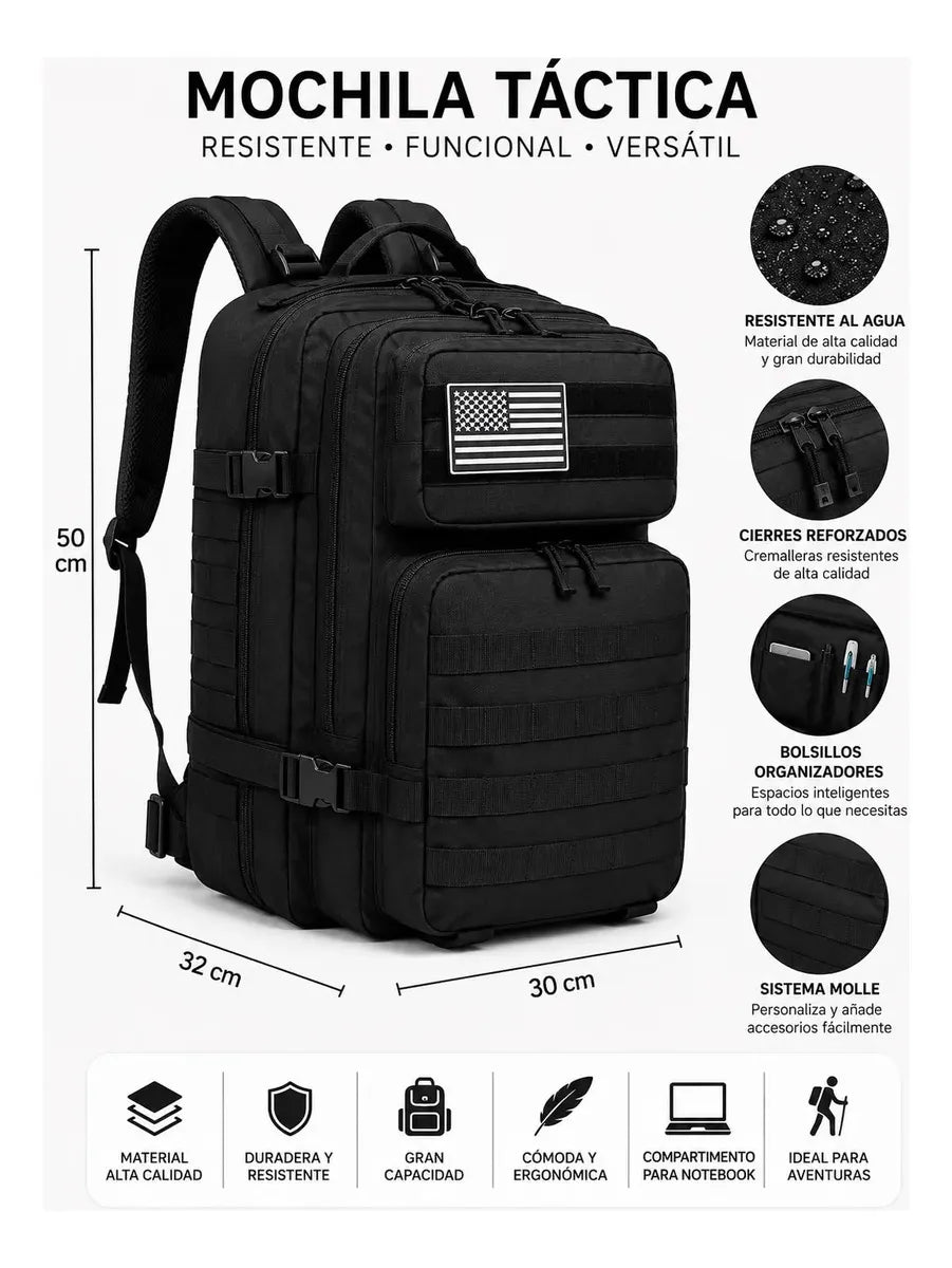 Mochila Tactica Impermeable 50L Militar Multiusos Camping Notebook