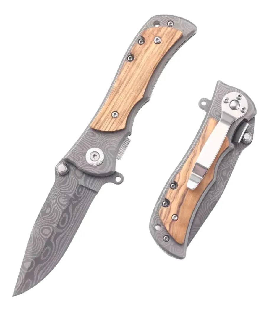 Cuchillo Plegable Táctico Acero Grabado De Mango Madera