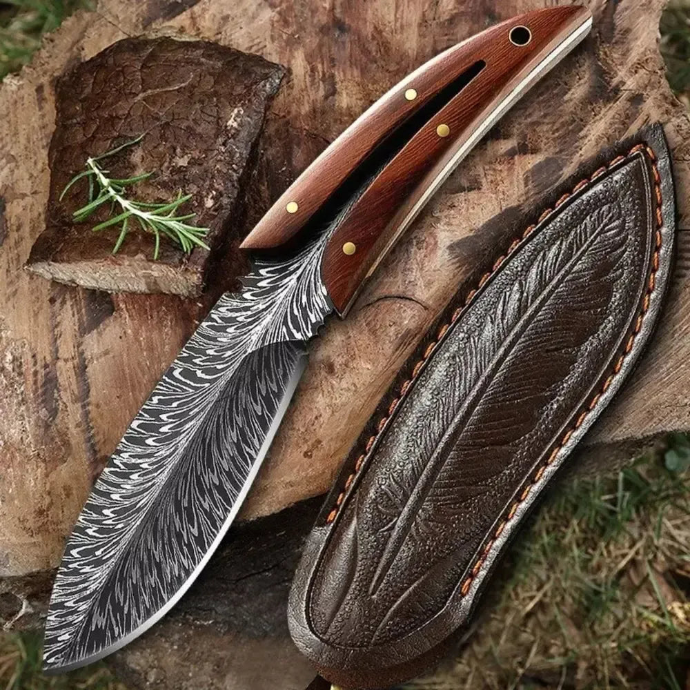 Cuchillo Táctico De Acero Para Caza + Funda De Cuero