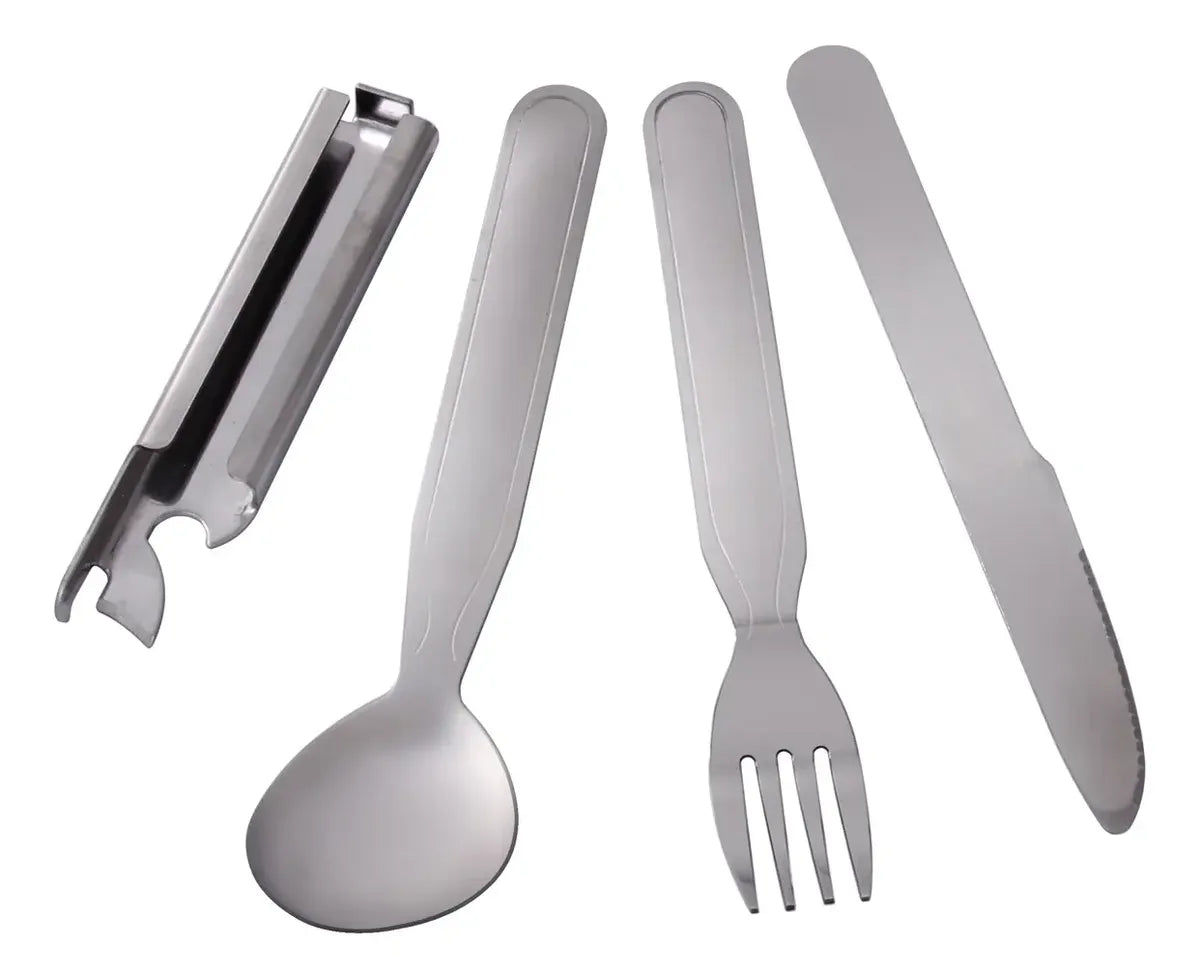 Kit Cubiertos Camping 4 En 1 Abrelatas Acero Inoxidable