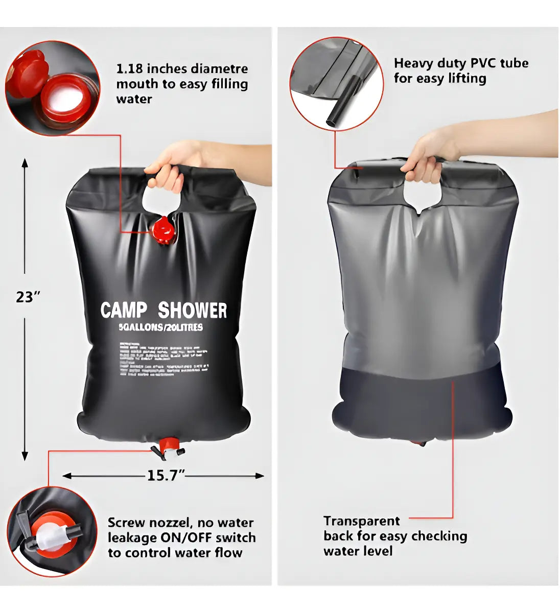 Pack Ducha Solar Portátil de 20L para Camping con Agua Caliente