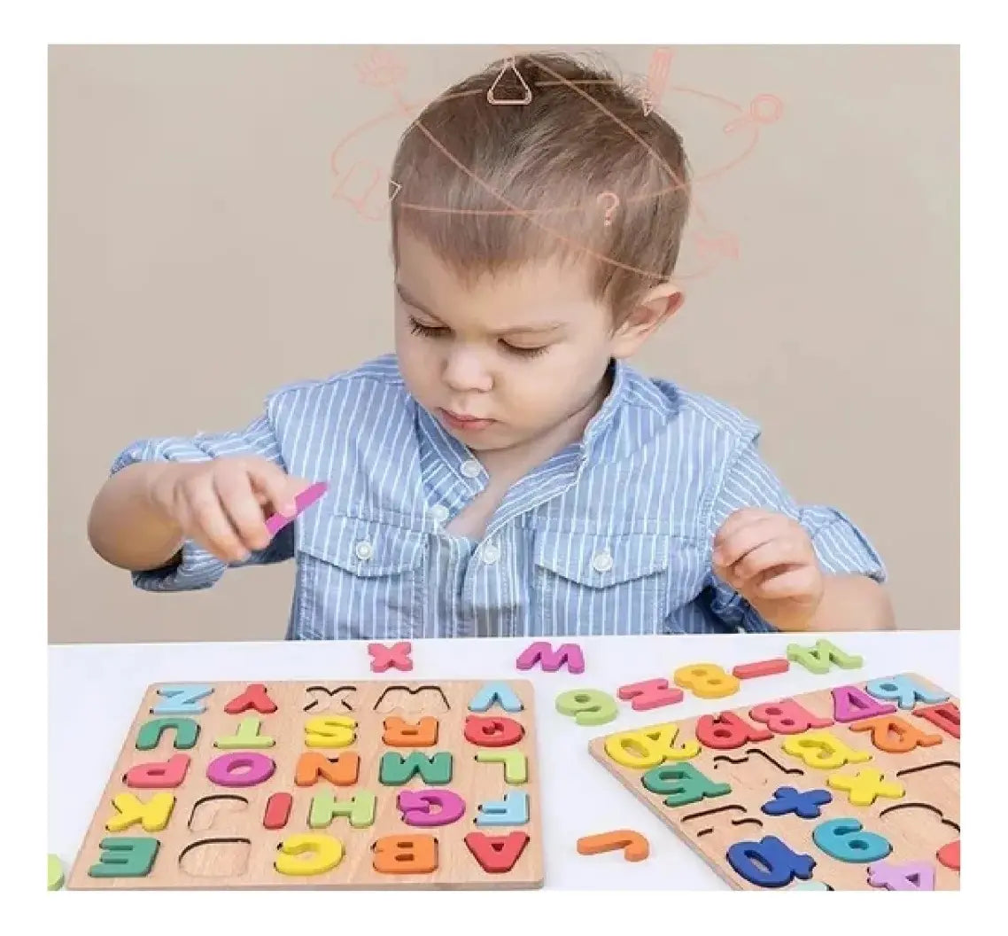 Set Tabla Encaje Didáctico Madera Letras + Numeros