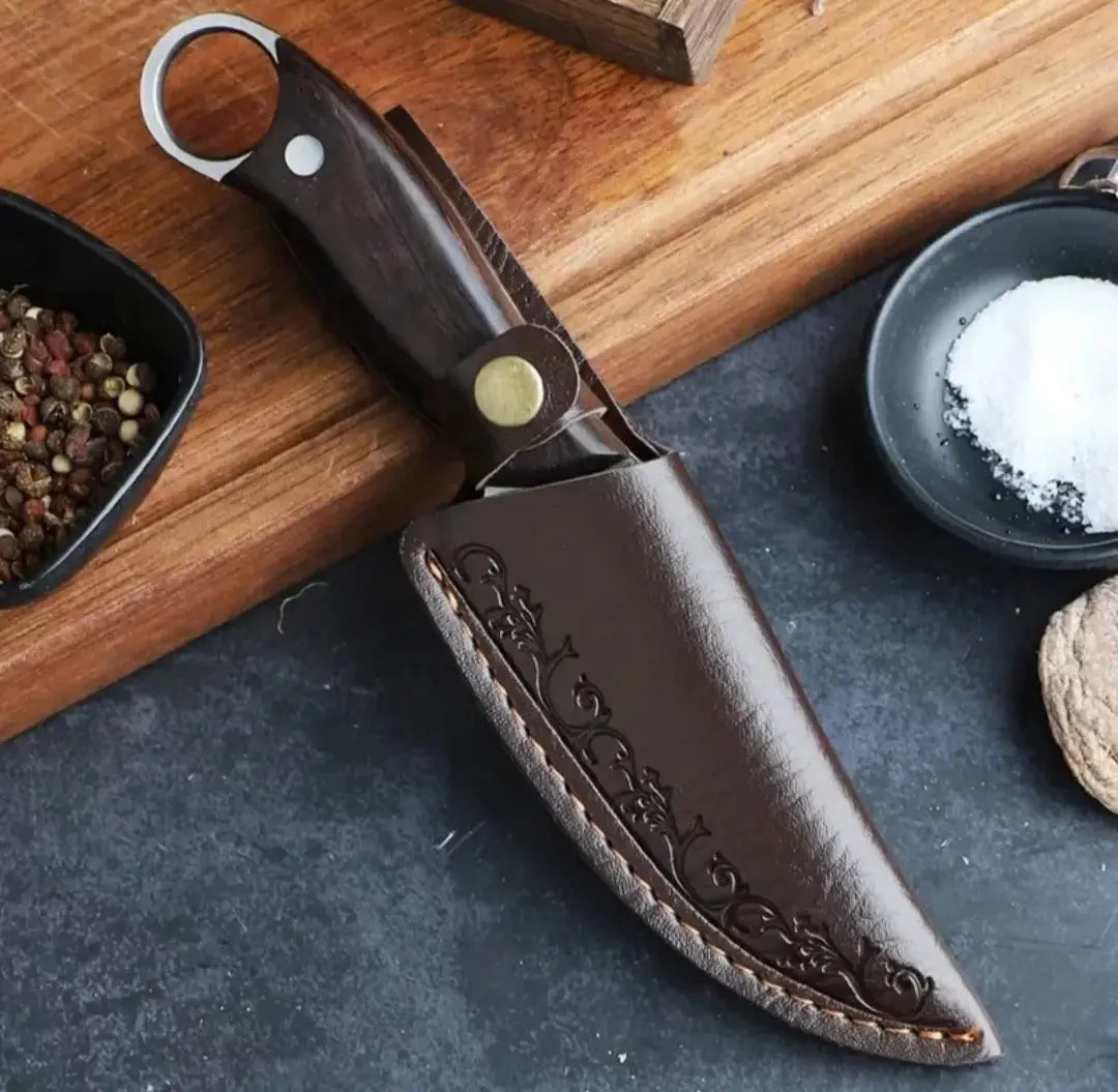Cuchillo Autodefensa Para Cazador Y Funda De Cuero Tallada